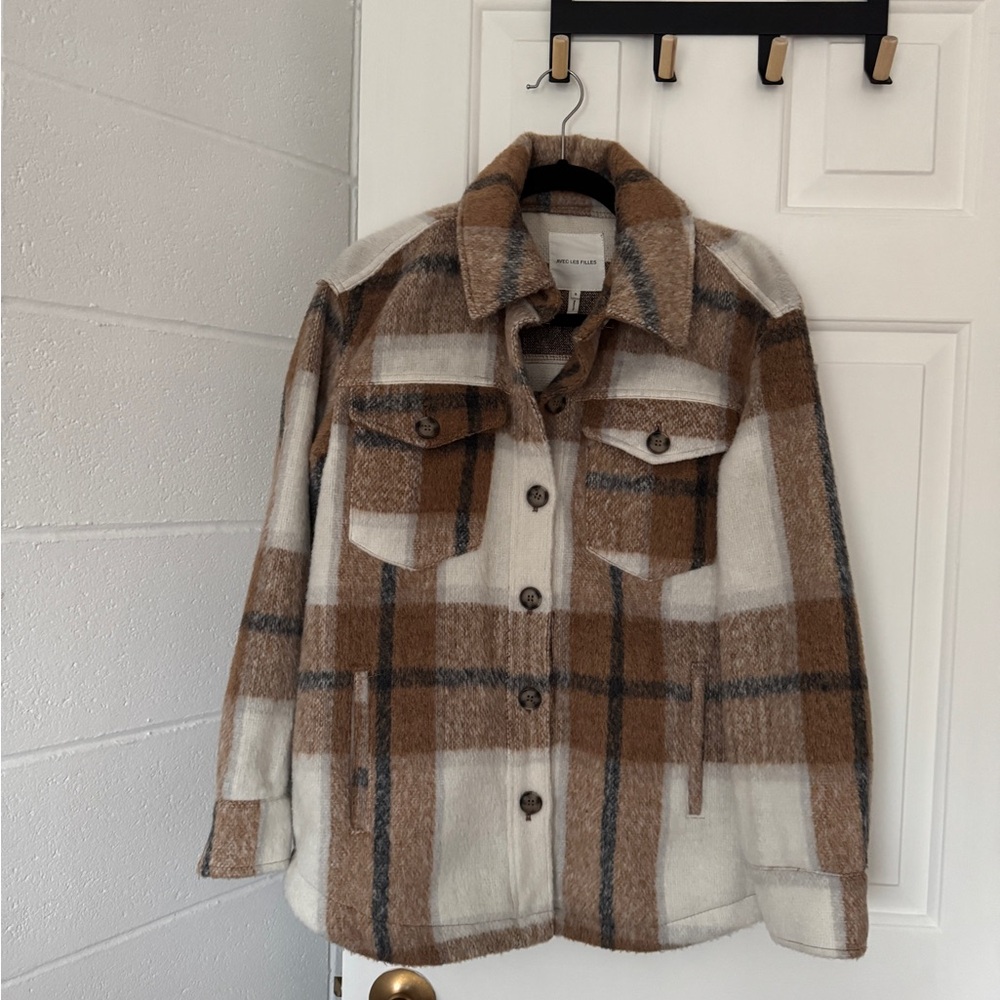Avec Les Filles Brown and Cream Plaid Shirt Jacket Shacket
